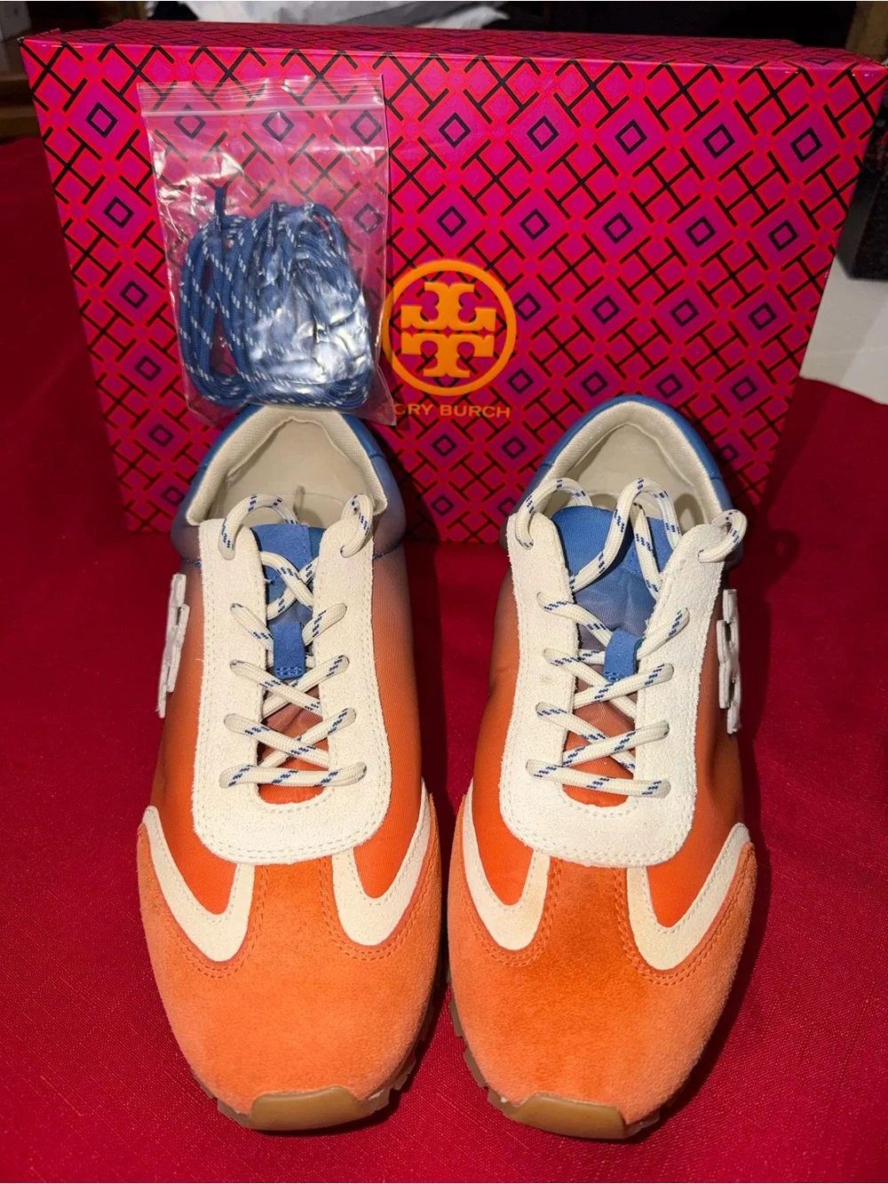 Tory Burch Orange, White & Blue Suede Lace-Up Sneakers